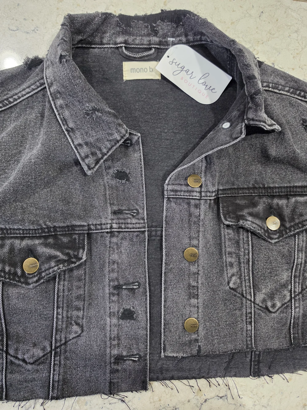 Mono B Distressed Black Washed Cropped Denim Jacket - Picture 1 of 6